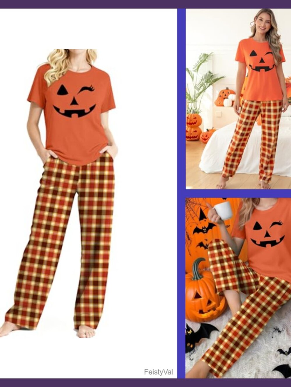 Women's Halloween Pajama Set Short Sleeve Top Plaid Long Pants